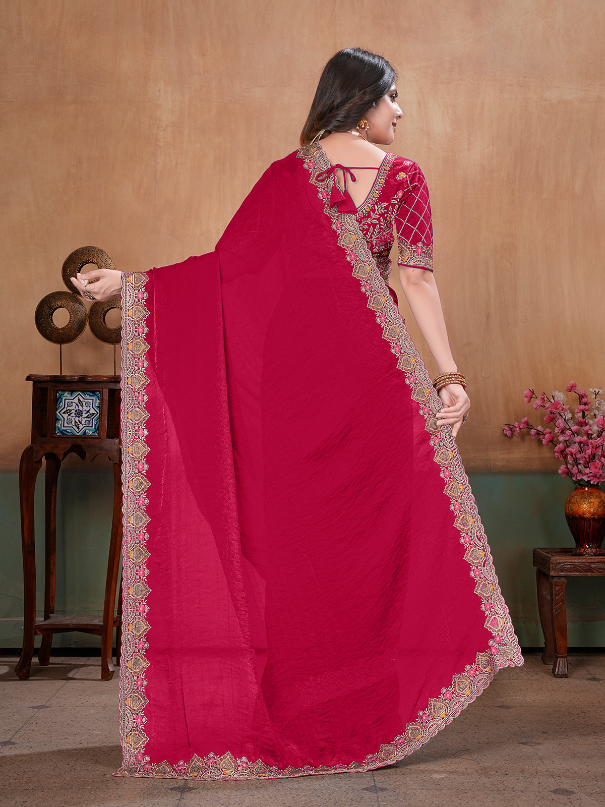 Rani pink royal embroidered satin designer saree