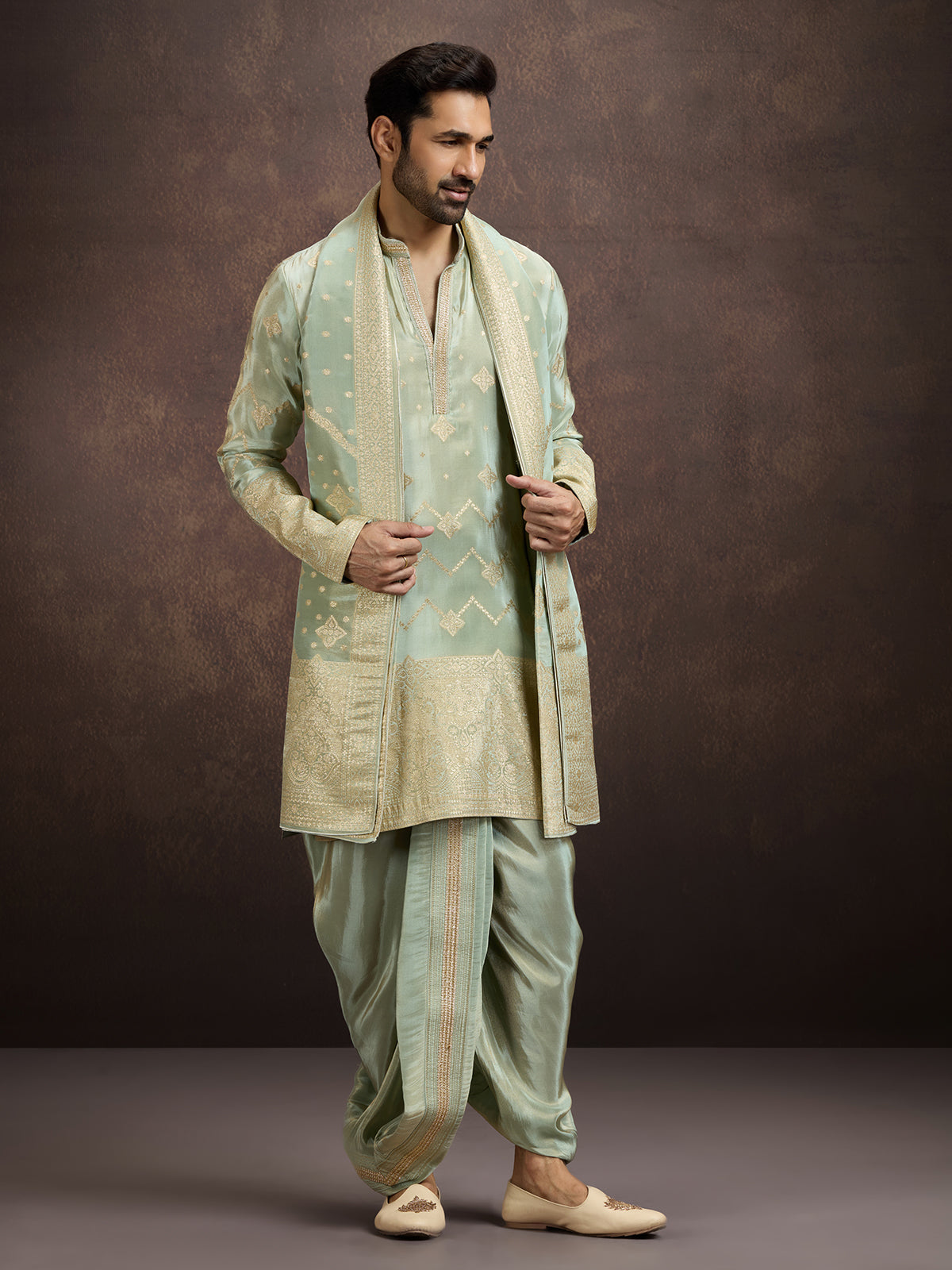 Pista green zari embroidered mens kurta dhoti