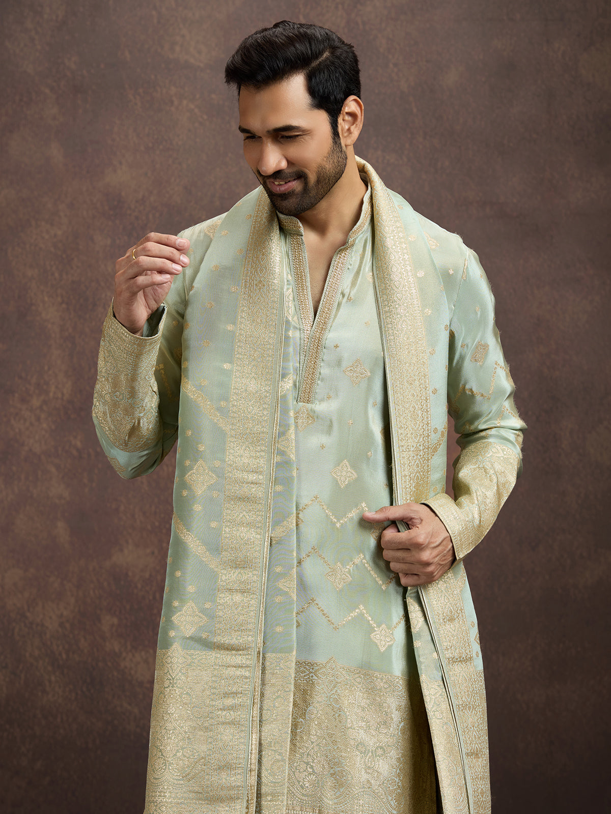 Pista green zari embroidered mens kurta dhoti