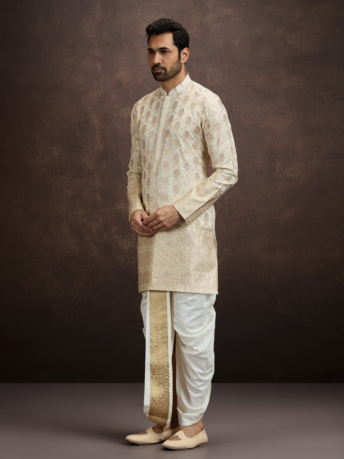 Ivory gold thread zari mens kurta dhoti