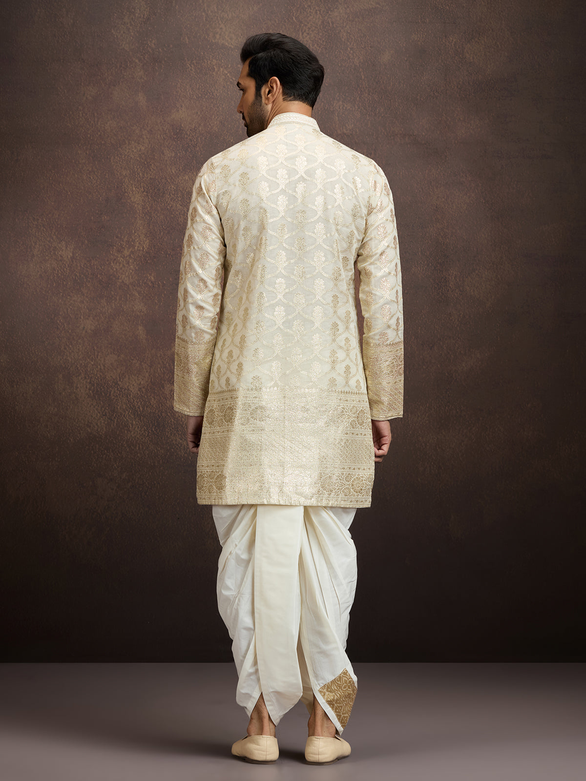 Ivory gold thread zari mens kurta dhoti