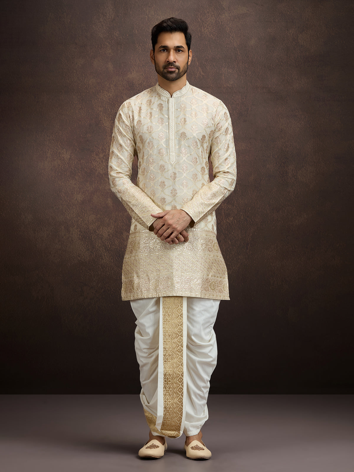 Ivory gold thread zari mens kurta dhoti