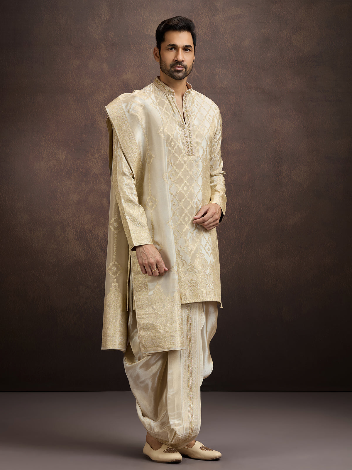 Cream zari zardosi embroidered mens kurta dhoti