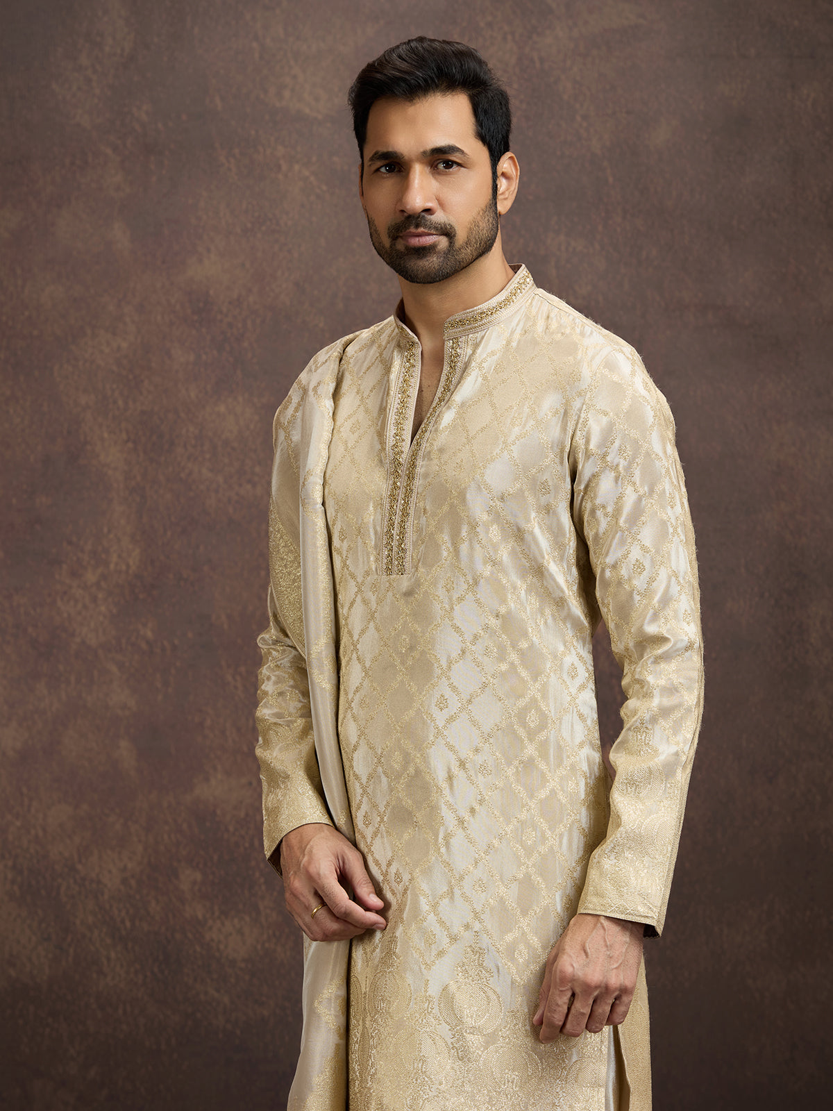 Cream zari zardosi embroidered mens kurta dhoti