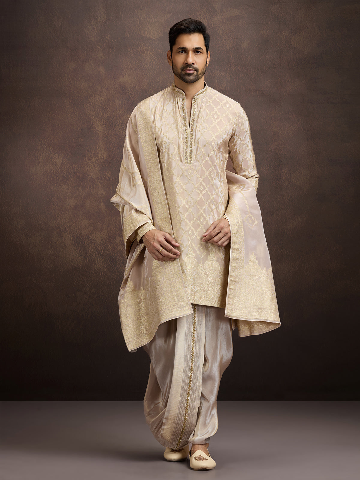Gold zari zardosi embroidered mens kurta dhoti