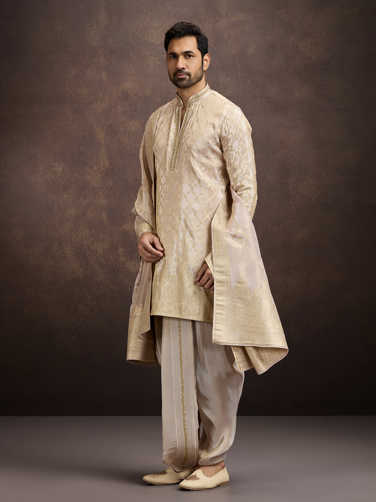 Gold zari zardosi embroidered mens kurta dhoti
