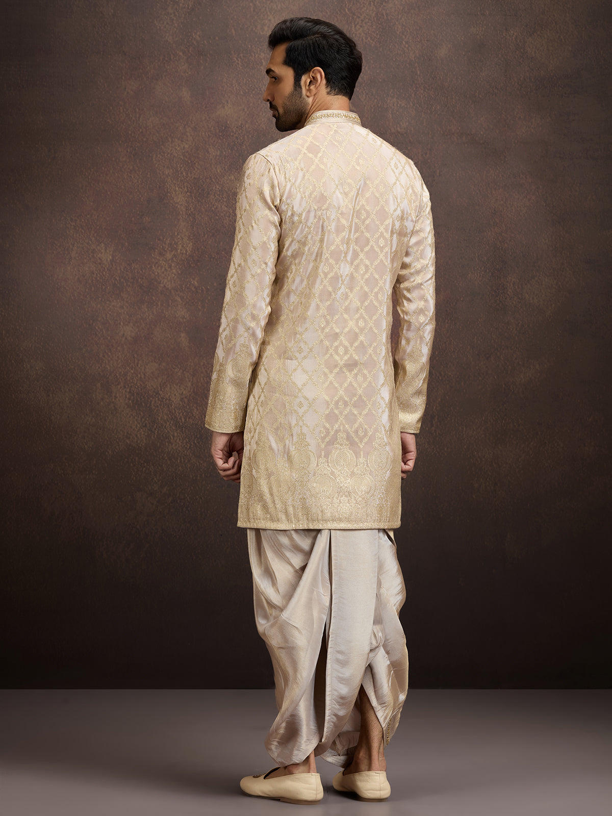 Gold zari zardosi embroidered mens kurta dhoti