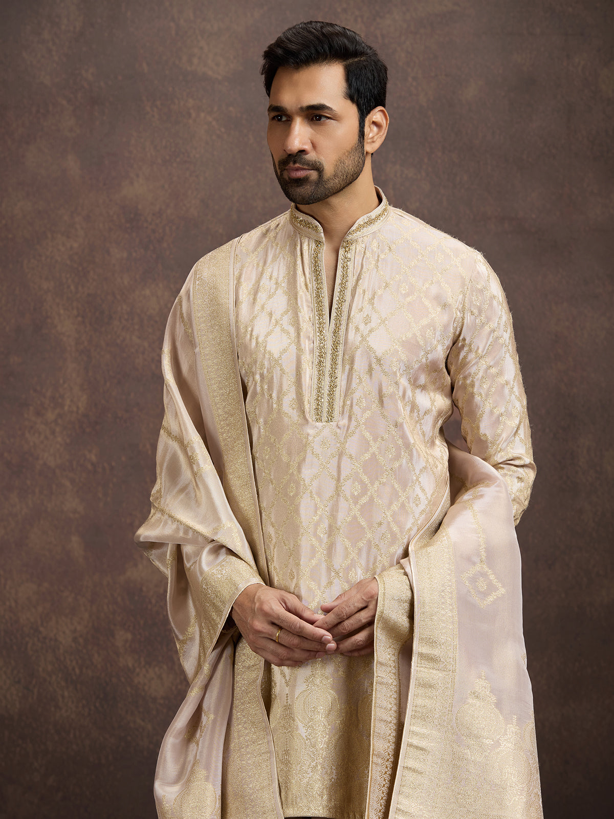 Gold zari zardosi embroidered mens kurta dhoti