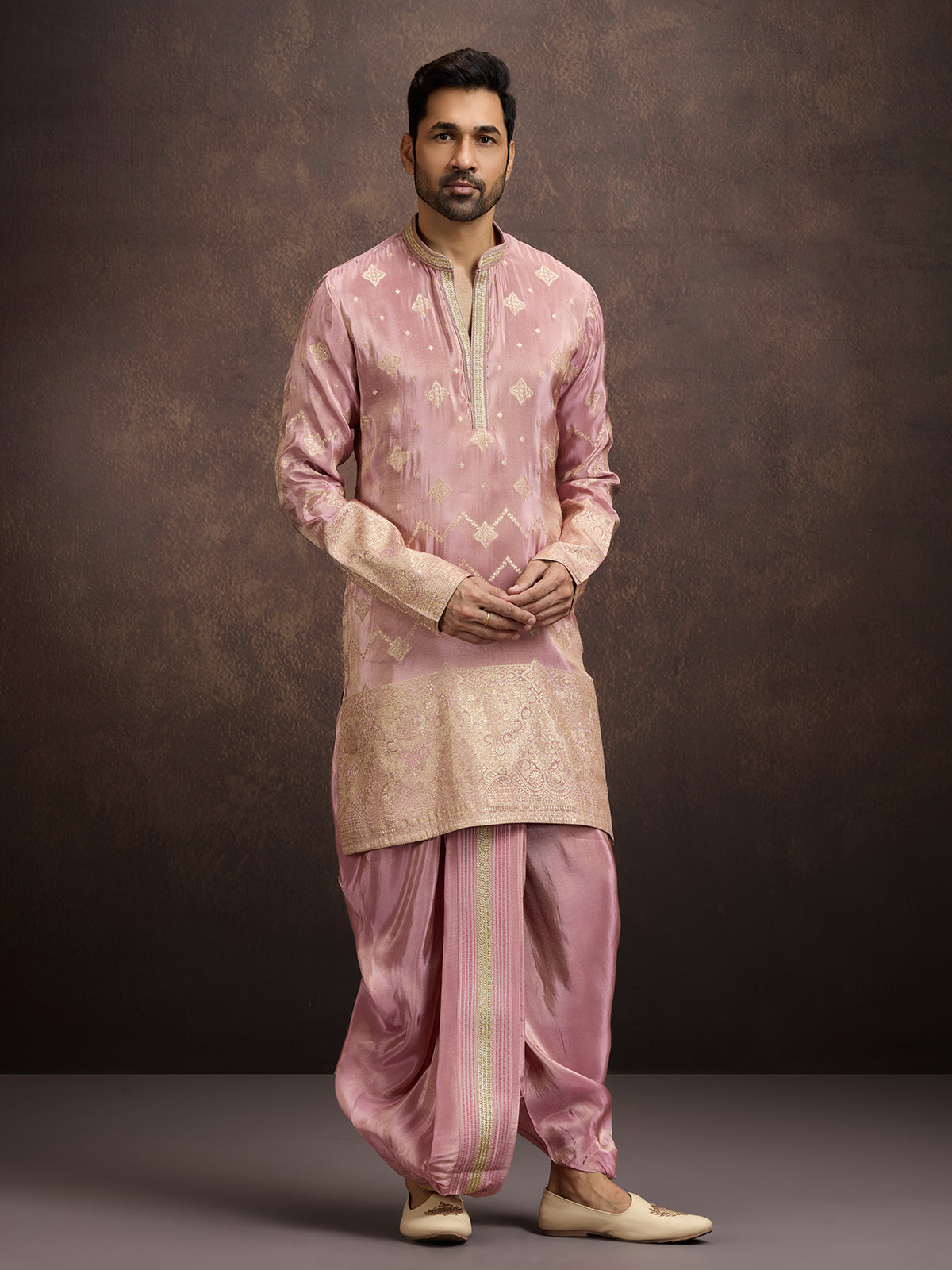 Pink zari embroidered mens kurta dhoti