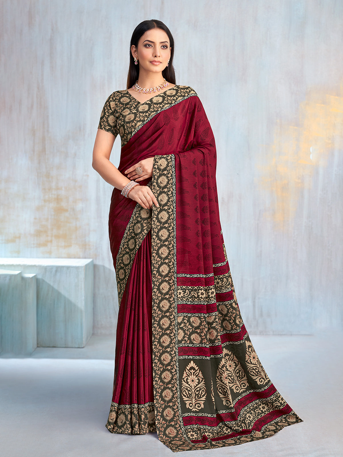 Maroon floral printed contrast border and pallu casual saree