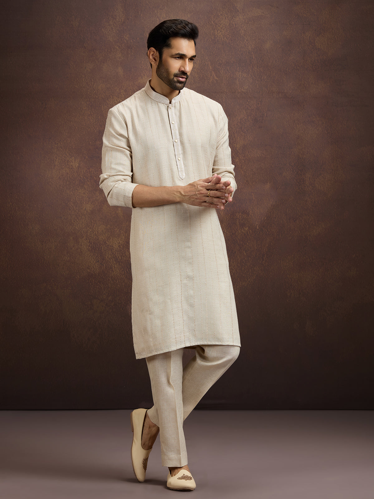 Beige premium embroidered linen kurta pajama set