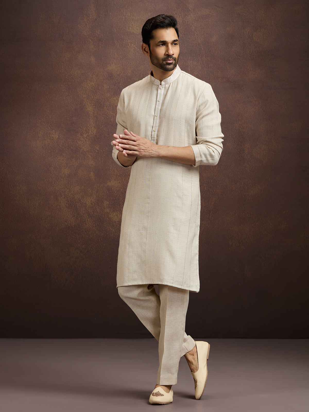 Beige premium embroidered linen kurta pajama set