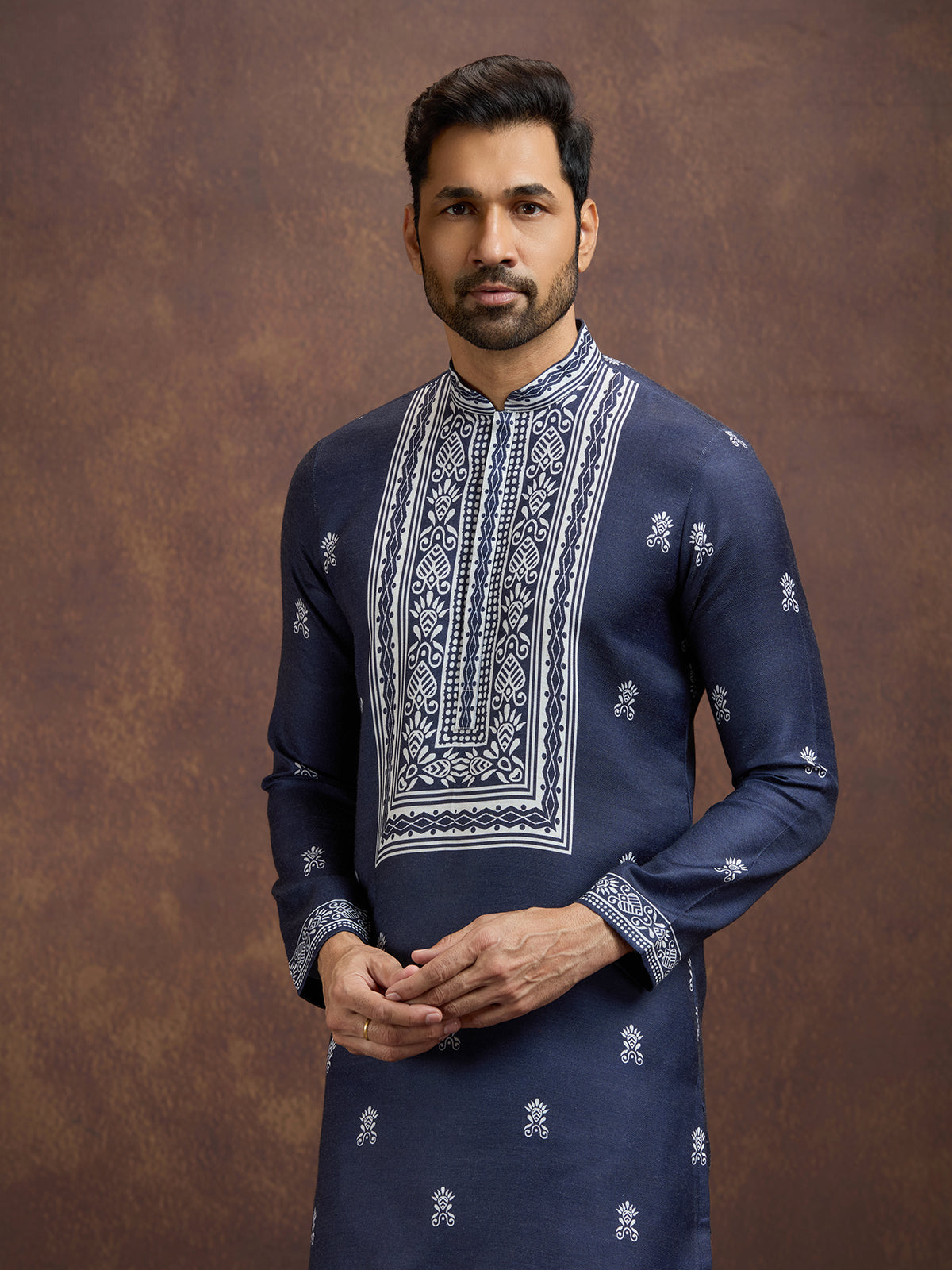 Blue festive printed linen kurta pajama outfit