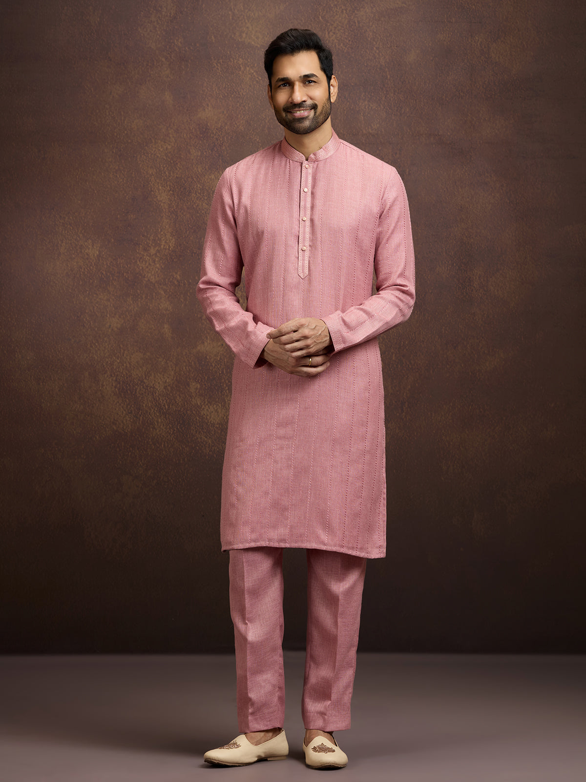 Pink festive embroidered linen kurta pajama collection