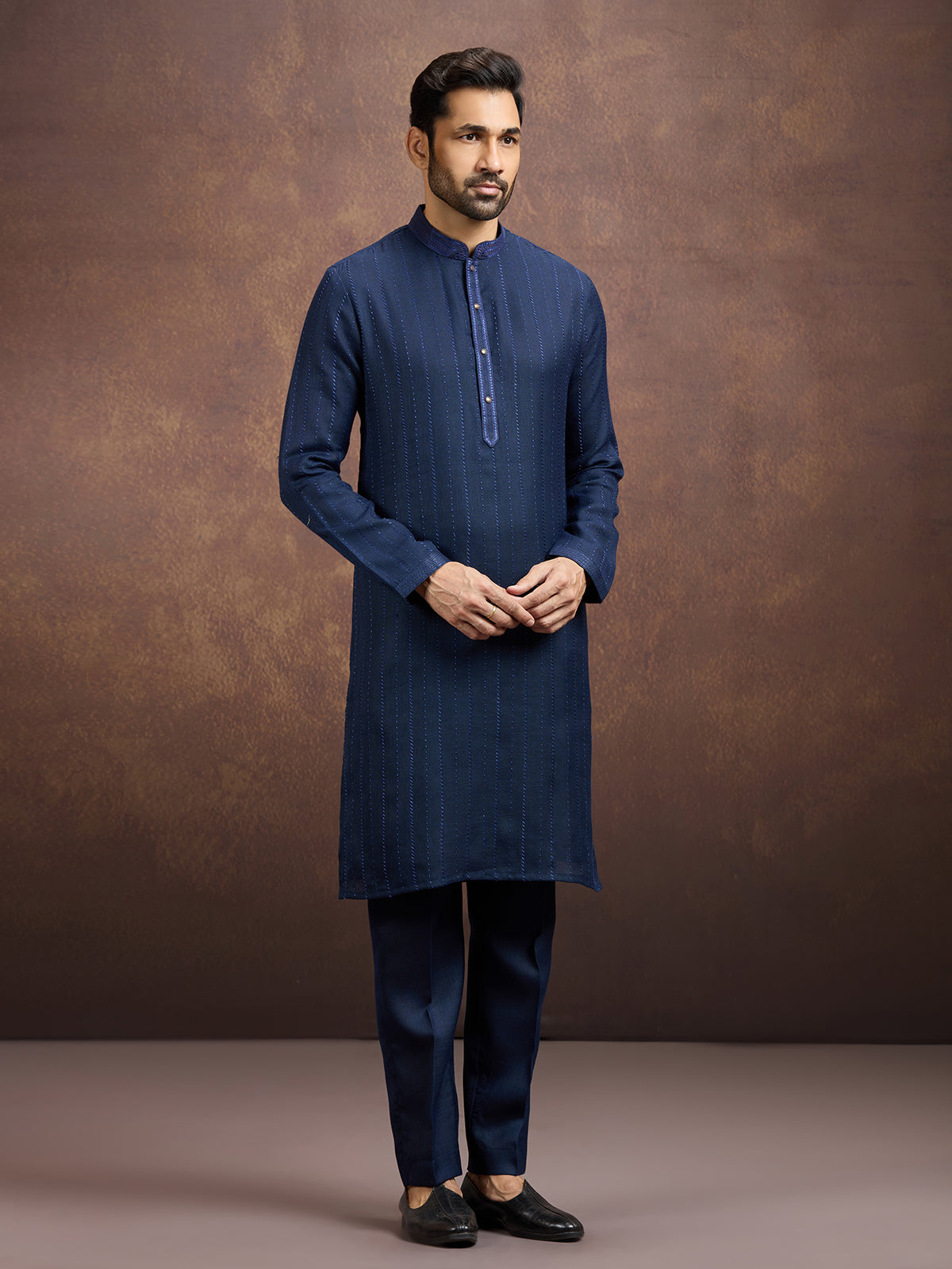 Navy blue classic embroidered linen kurta suit