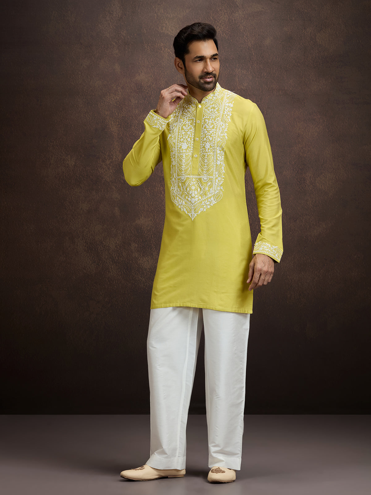 Mustard yellow lucknowi chikankari silk kurta pajama for men