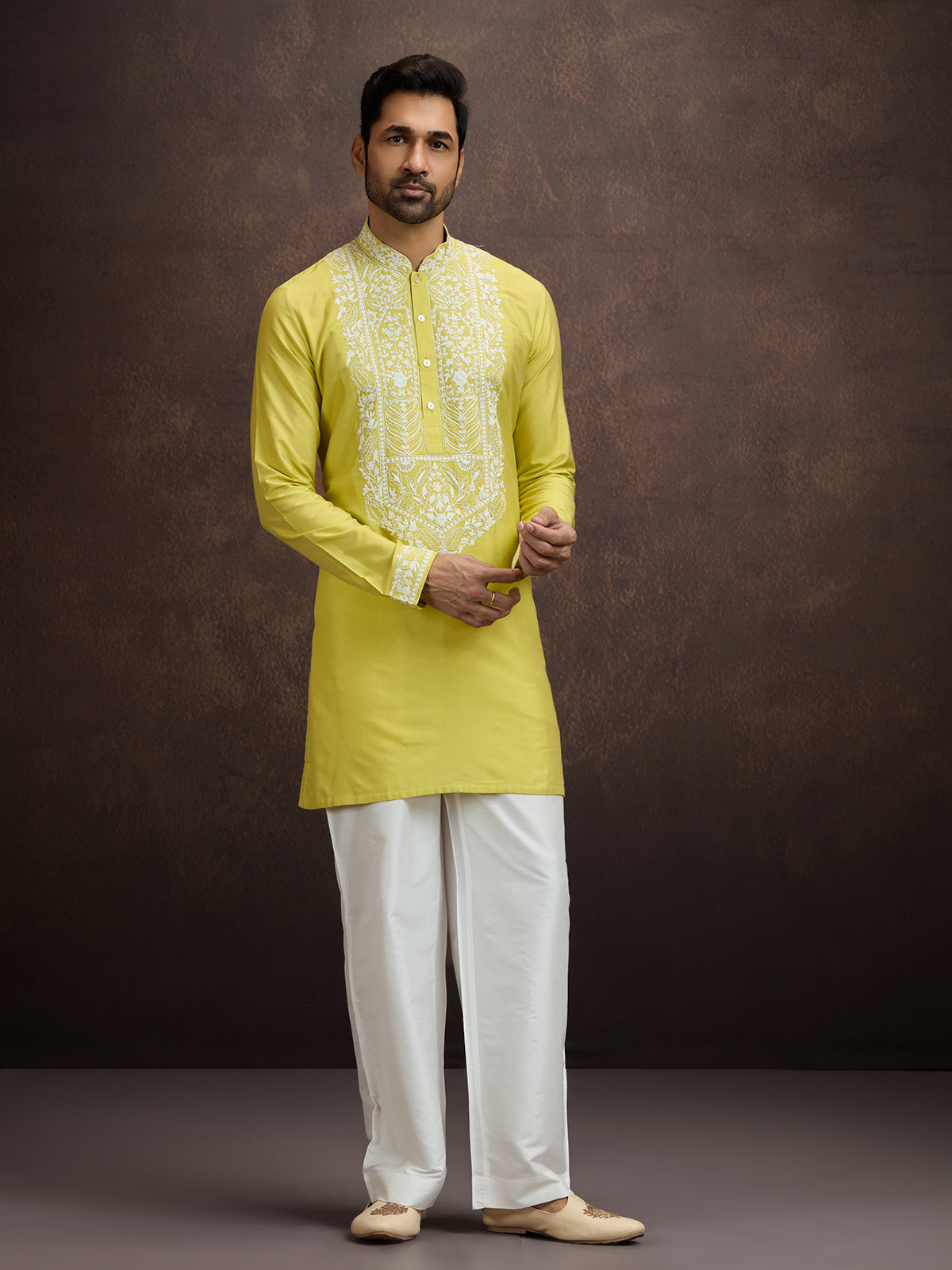 Mustard yellow lucknowi chikankari silk kurta pajama for men