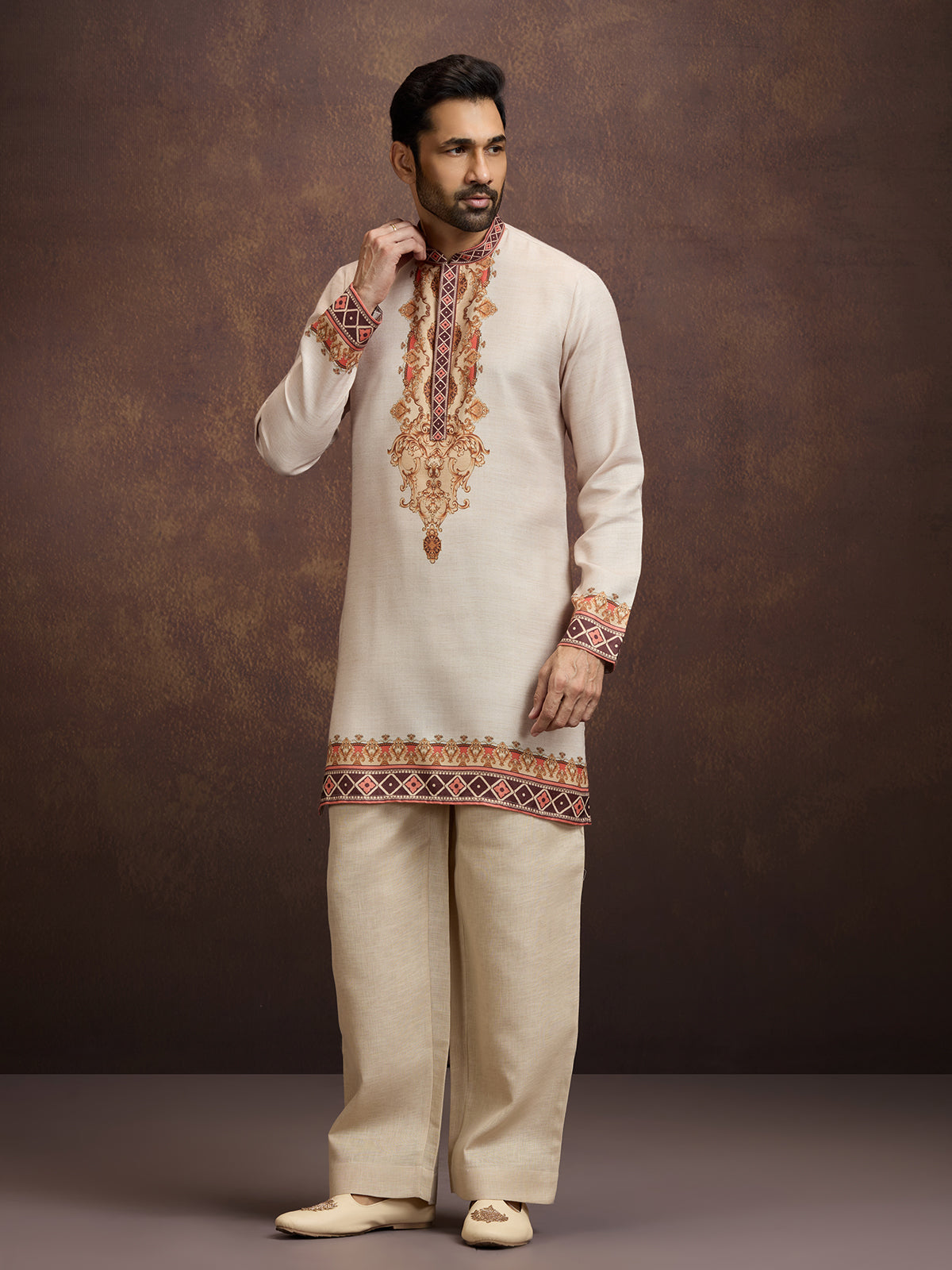 Off white printed linen kurta pajama outfit for men