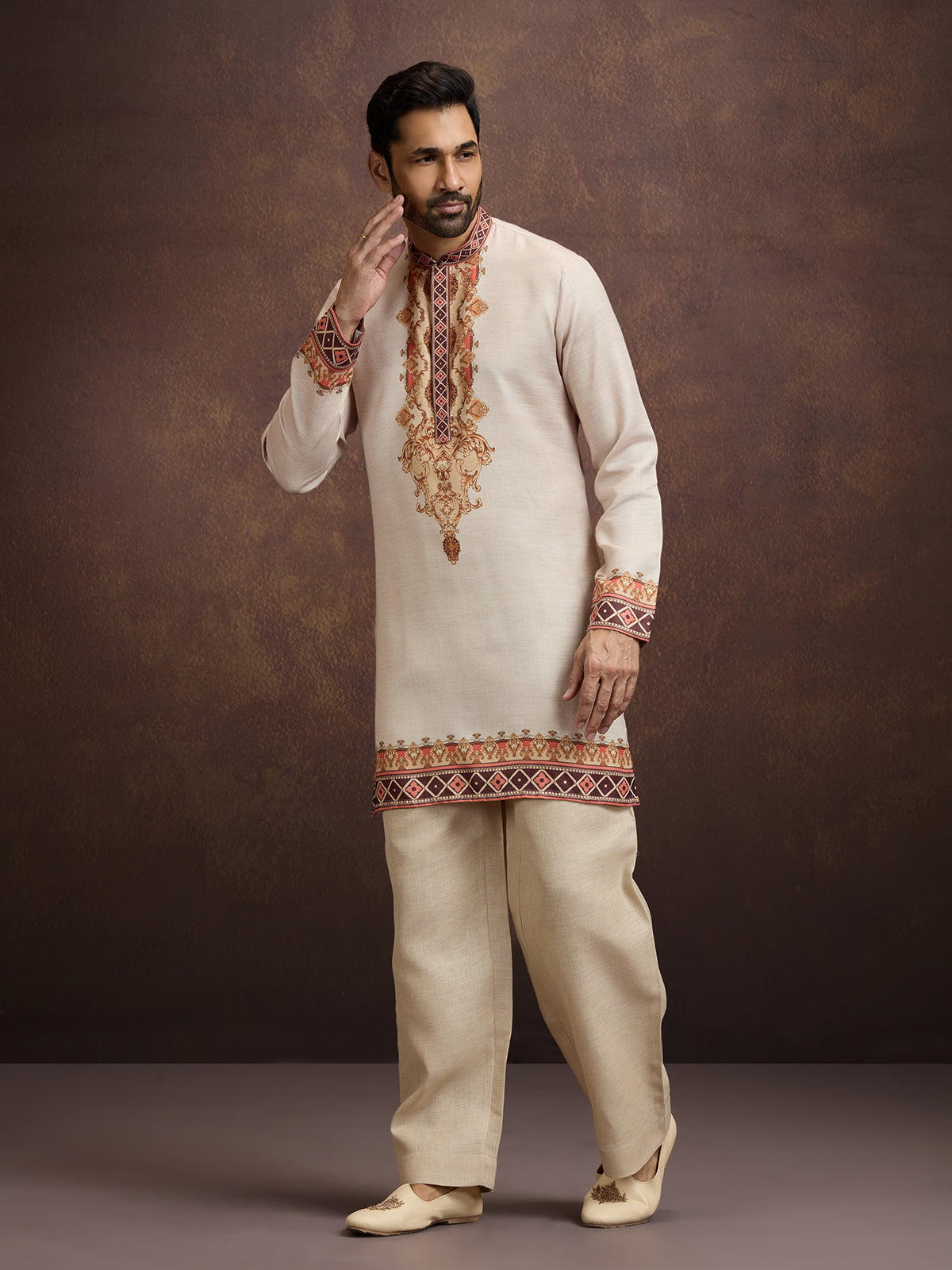 Off white printed linen kurta pajama outfit for men