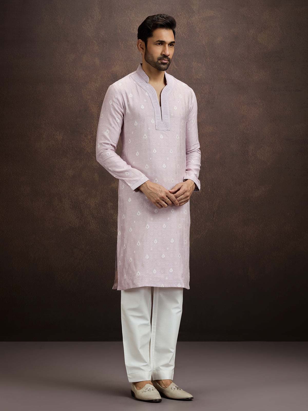 Purple embroidered banarasi silk kurta pajama for men