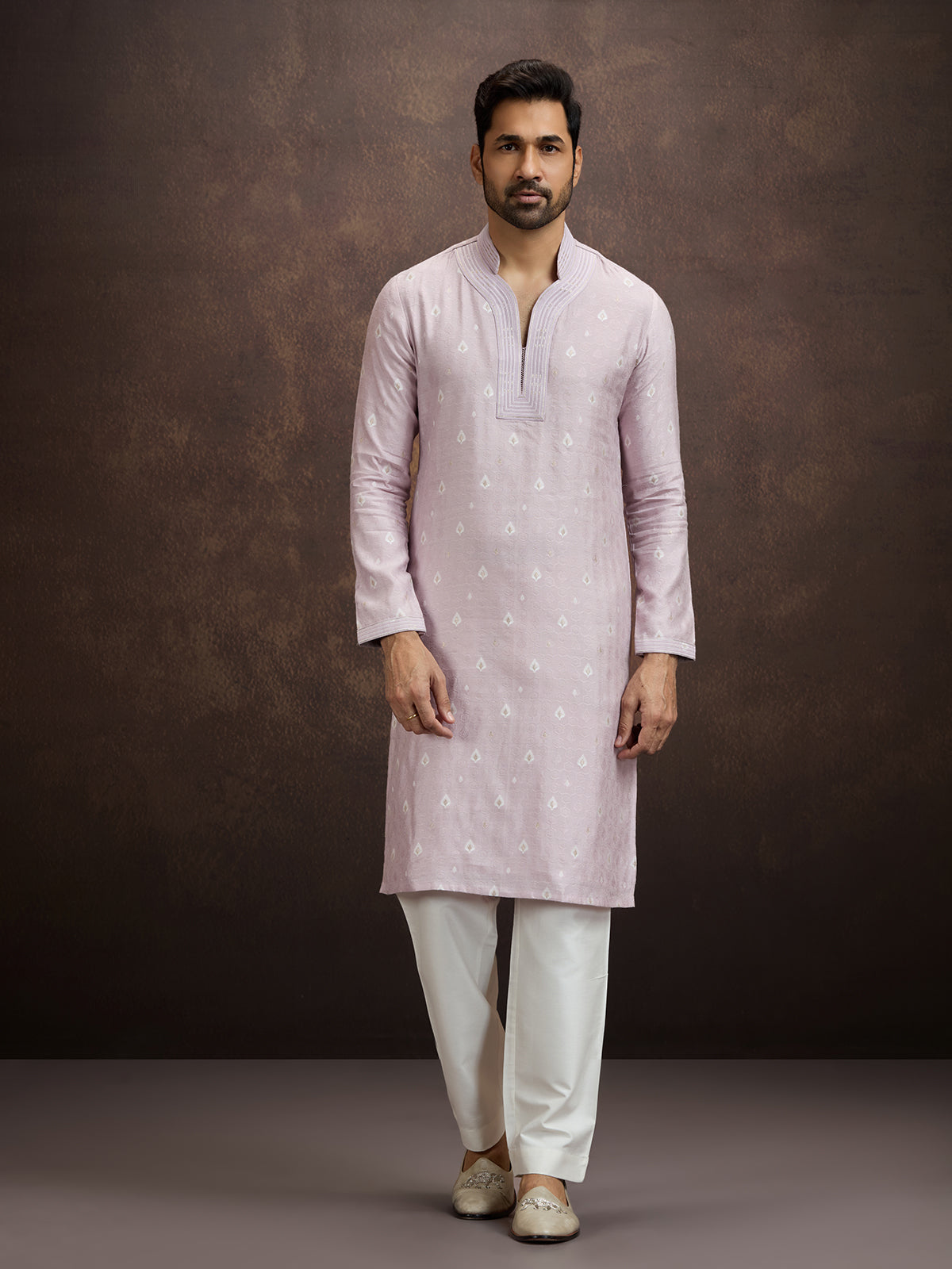 Purple embroidered banarasi silk kurta pajama for men