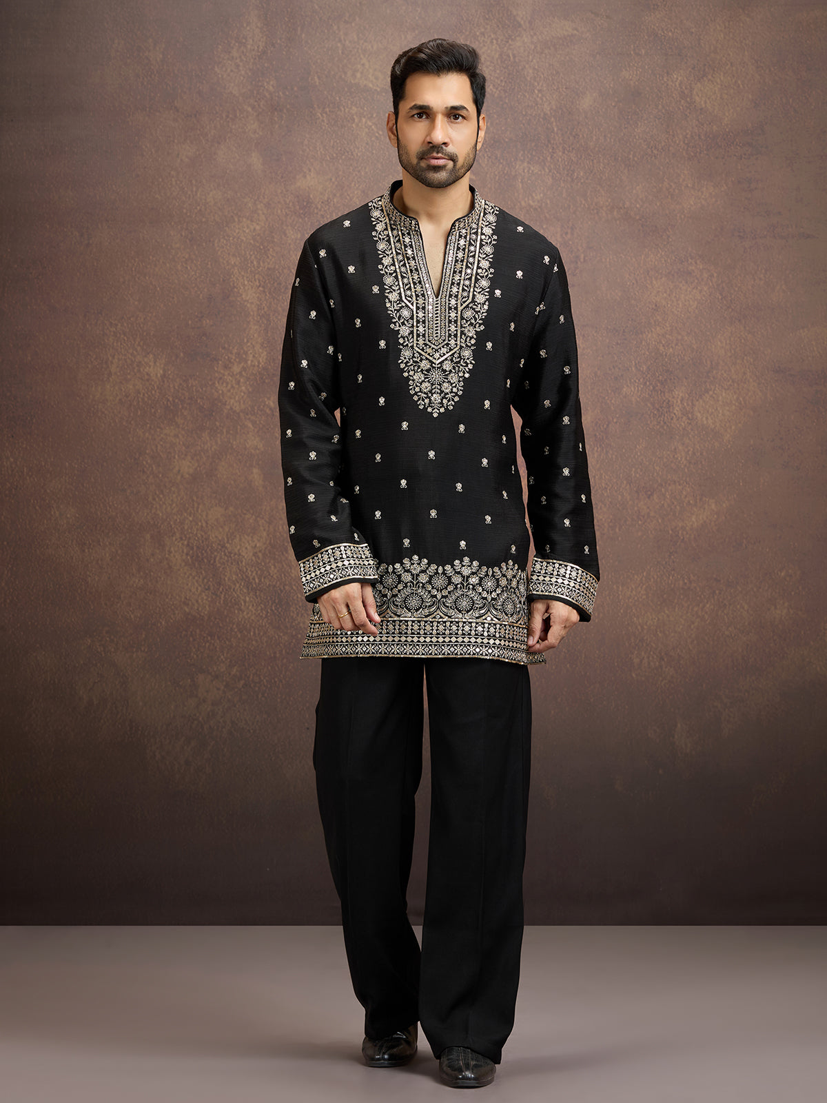 Black floral zari embroidered silk kurta pajama for men