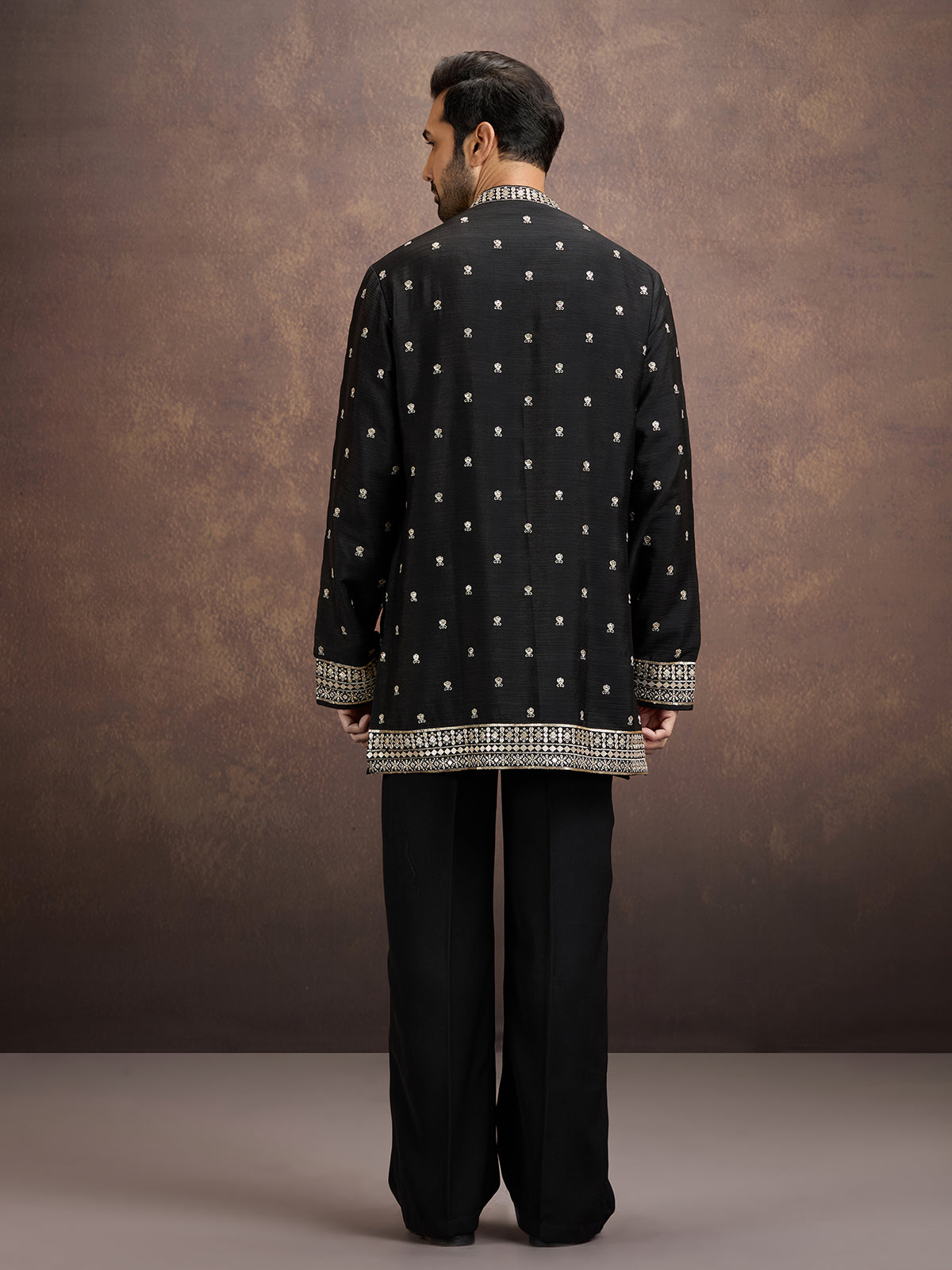 Black floral zari embroidered silk kurta pajama for men