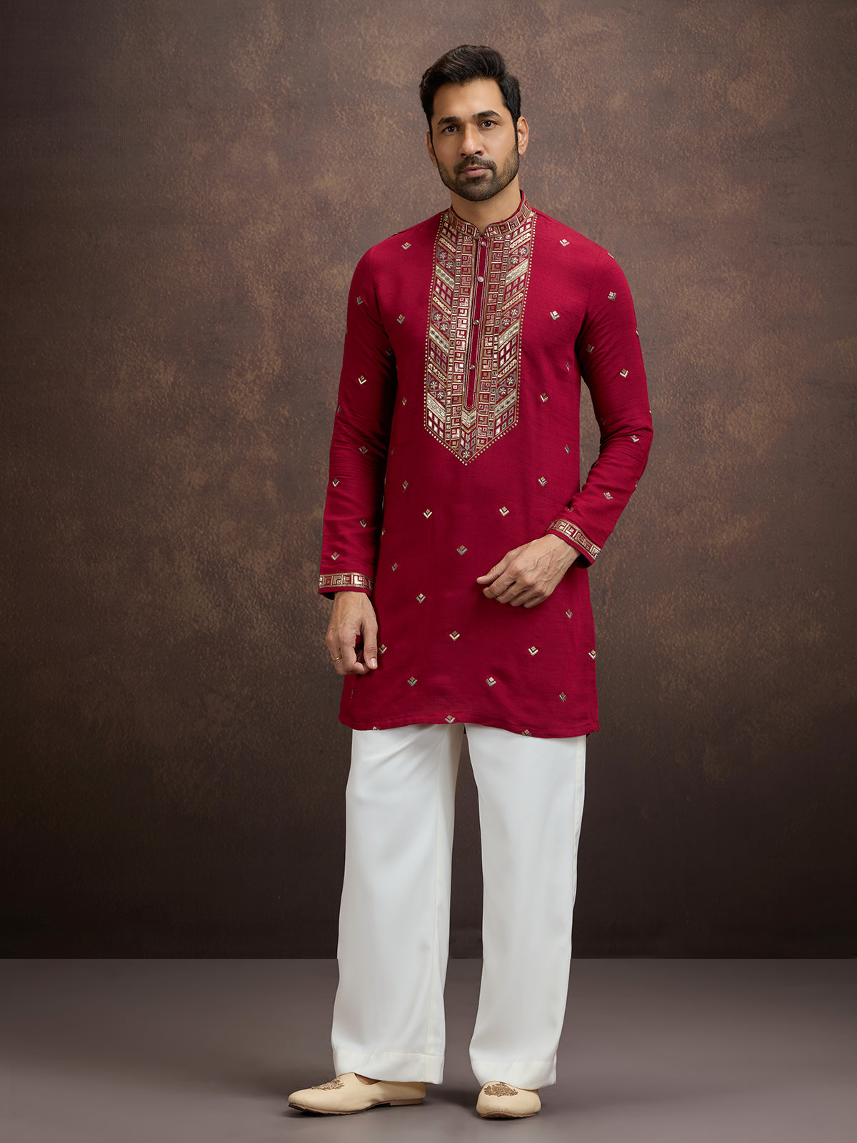 Maroon sequined zari embroidered silk kurta pajama for men