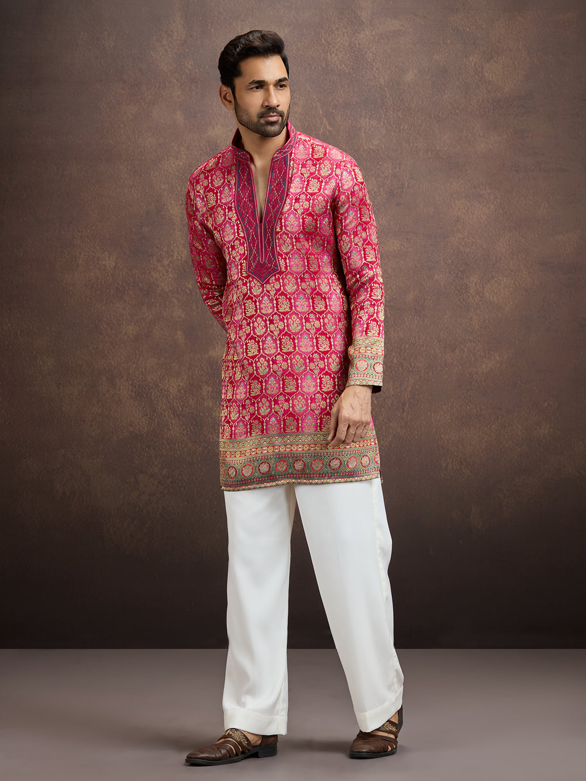 Hot pink geometric embroidered silk kurta pajama for men