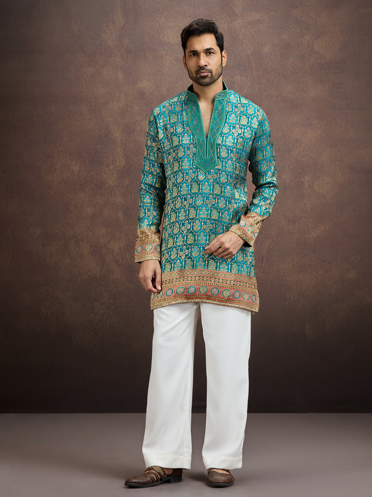 Blue geometric embroidered silk kurta pajama for men