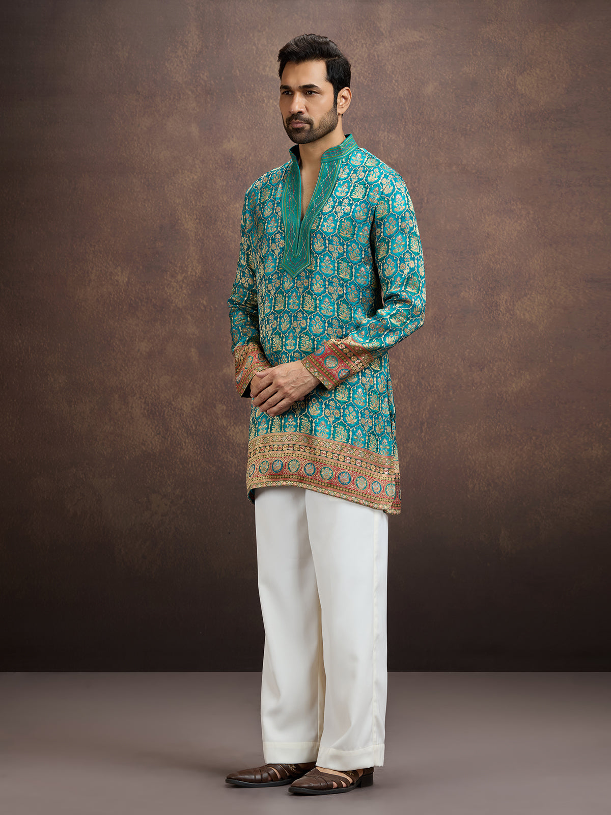 Blue geometric embroidered silk kurta pajama for men