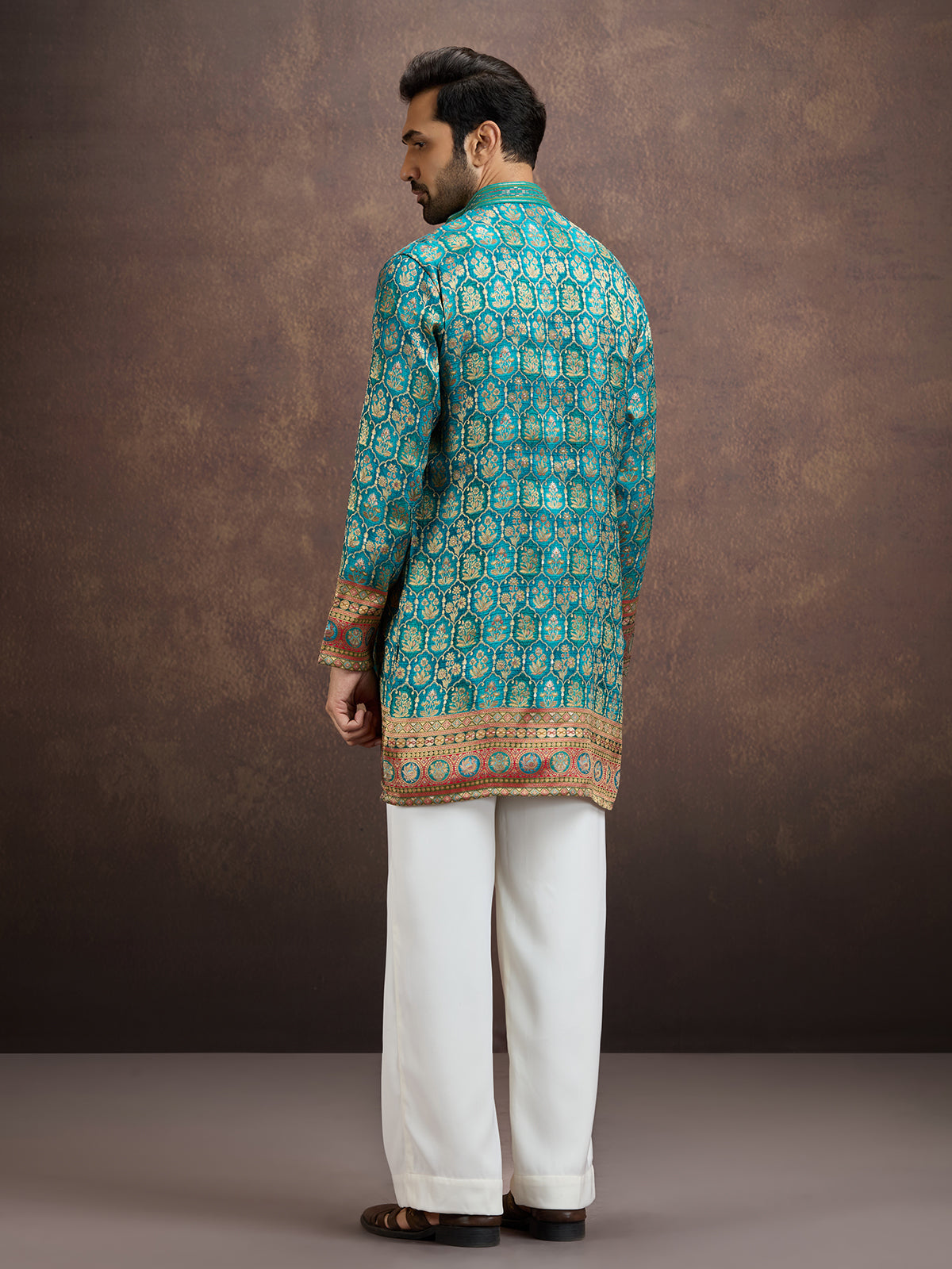 Blue geometric embroidered silk kurta pajama for men