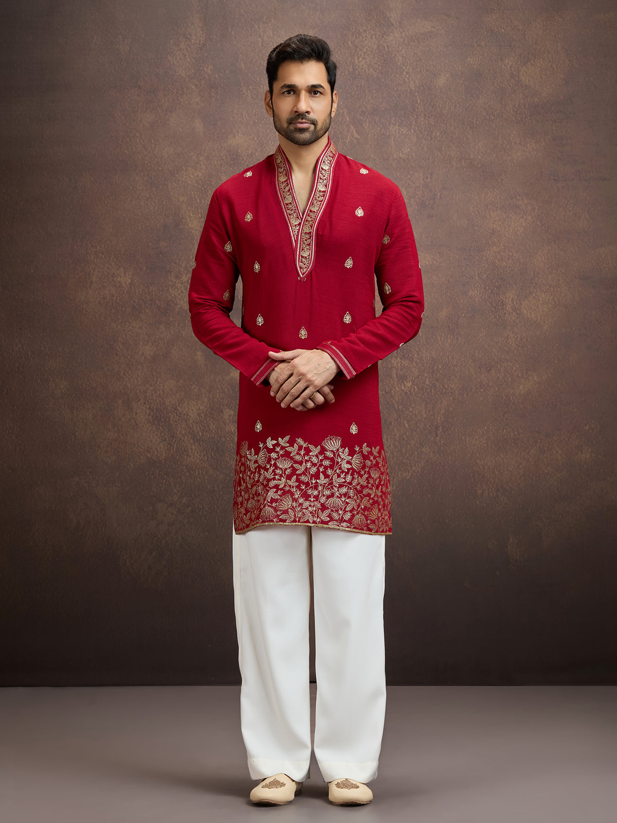 Red zari embroidered silk kurta pajama for men