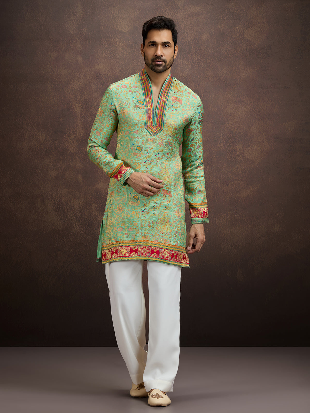 Green kalamkari inspired silk kurta pajama for men
