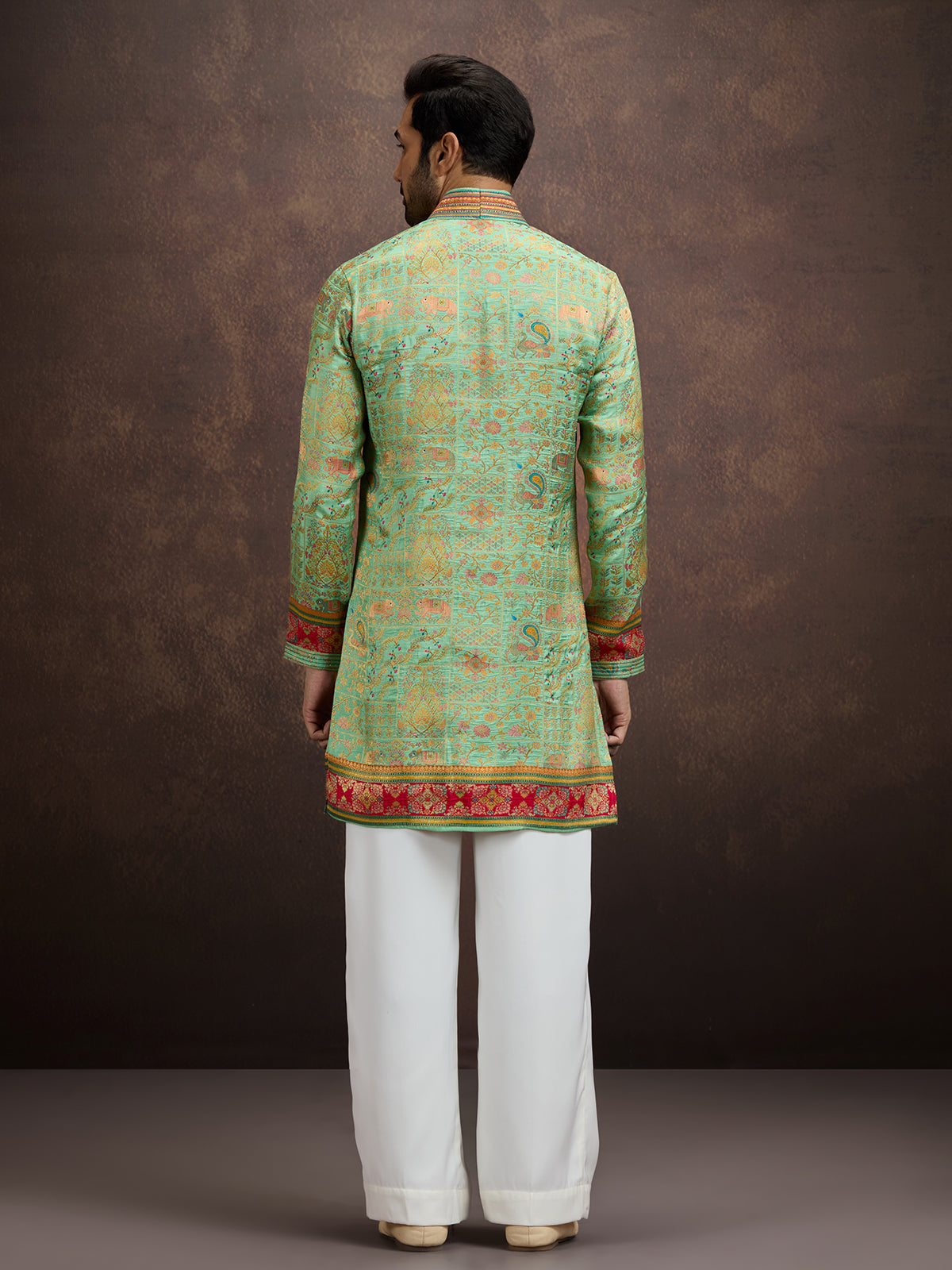 Green kalamkari inspired silk kurta pajama for men