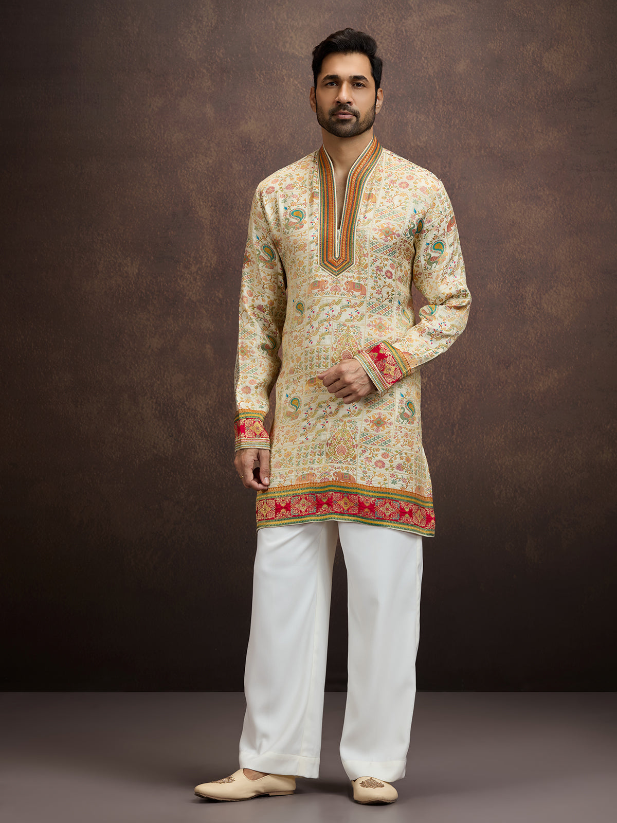 Cream kalamkari inspired silk kurta pajama for men