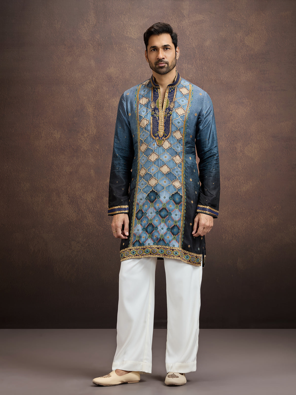 Steel blue printed embroidered kurta pajama for men