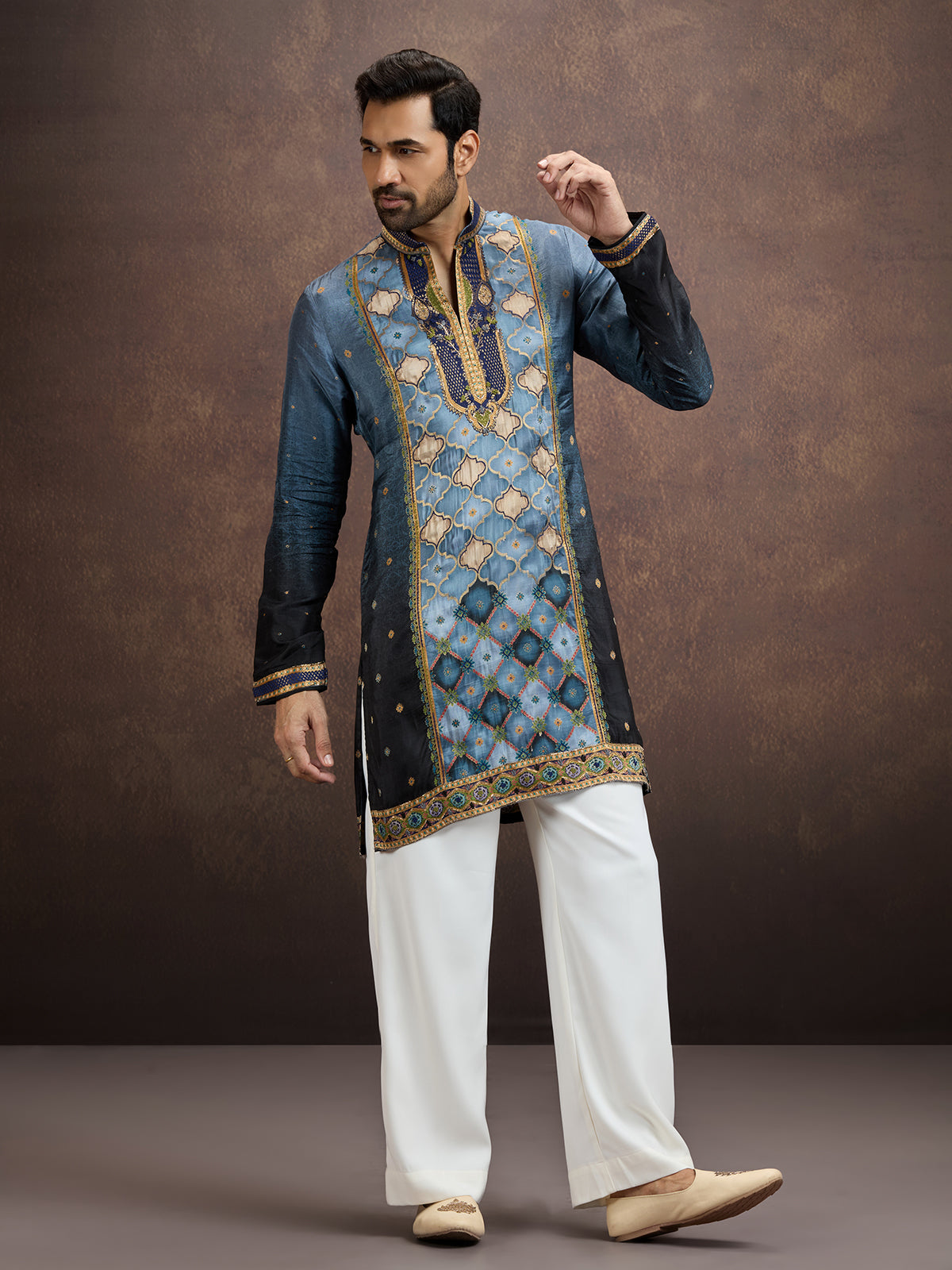 Steel blue printed embroidered kurta pajama for men