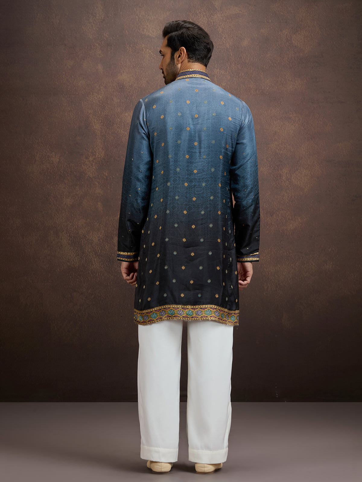 Steel blue printed embroidered kurta pajama for men
