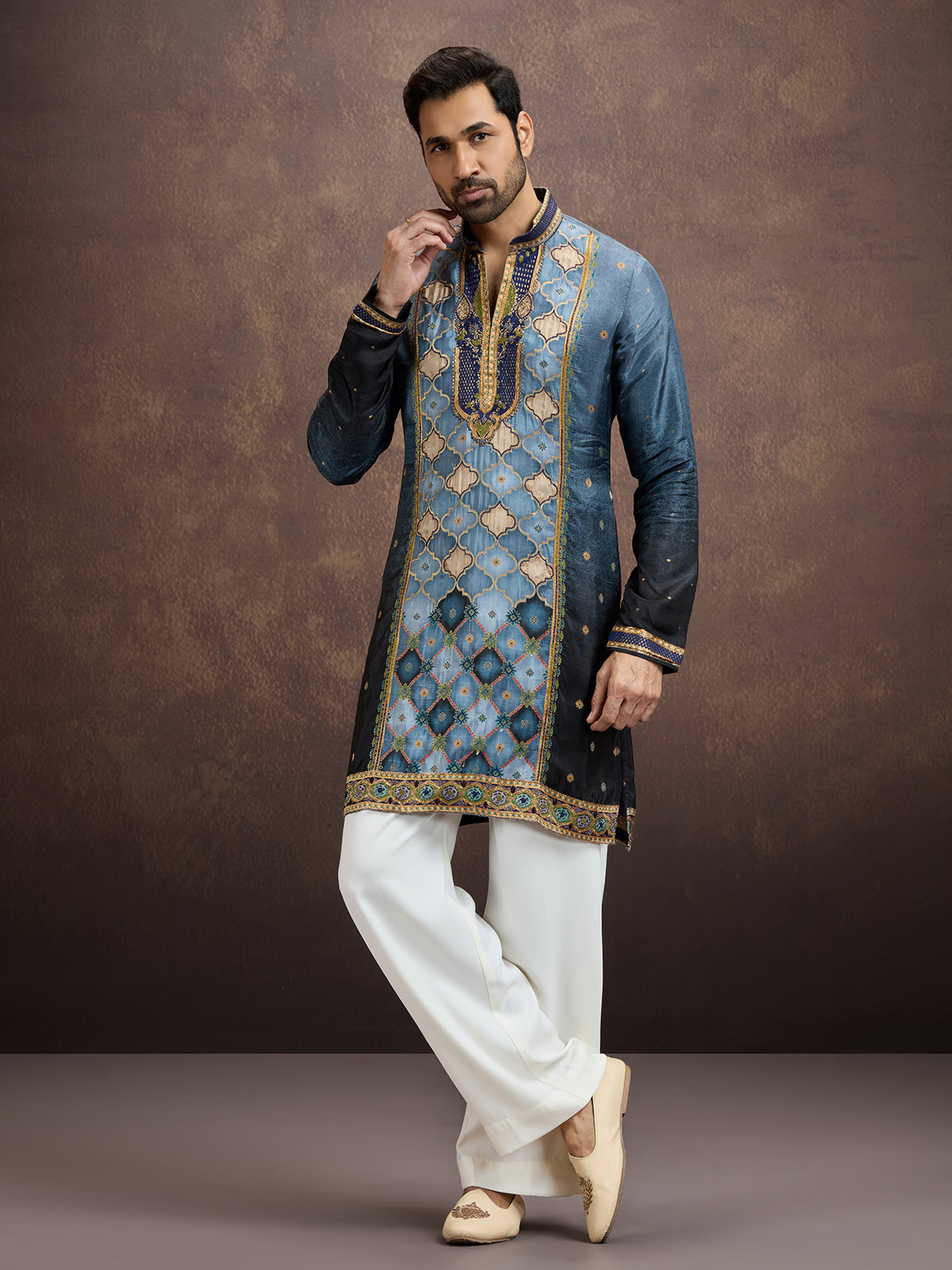 Steel blue printed embroidered kurta pajama for men