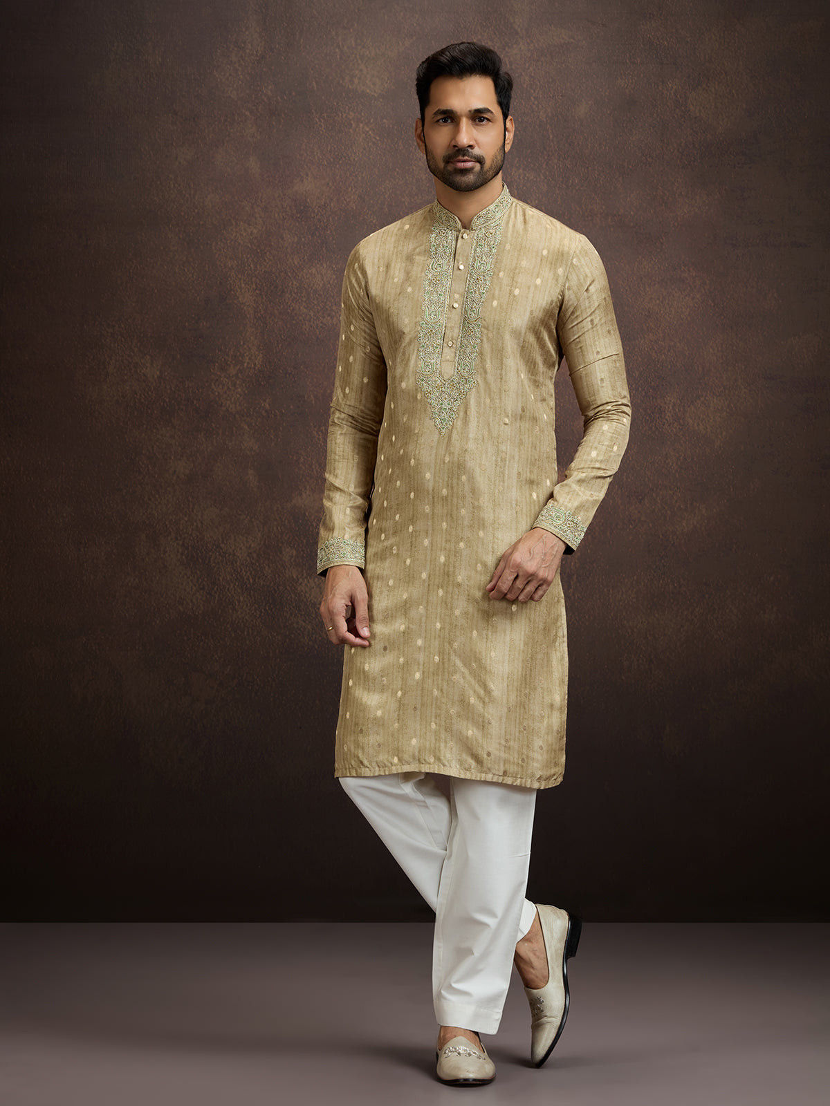 Muted gold thread zari kurta pajama for men