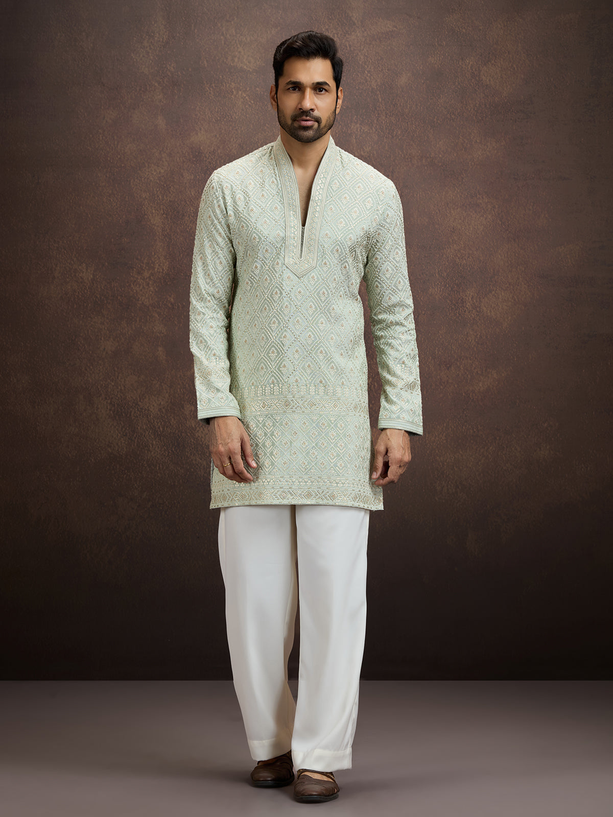 Mint green embroidered tissue kurta pajama for men
