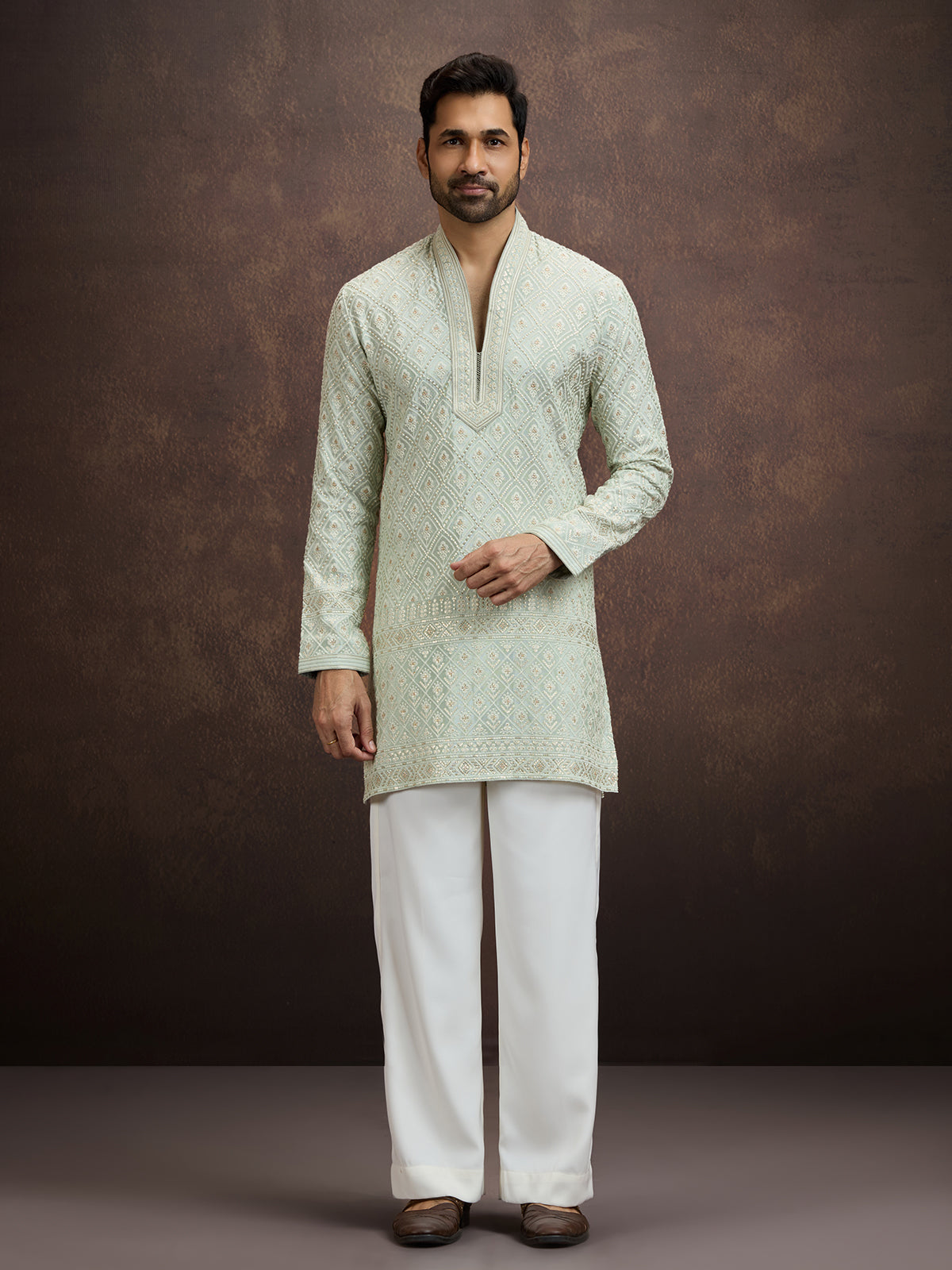 Mint green embroidered tissue kurta pajama for men