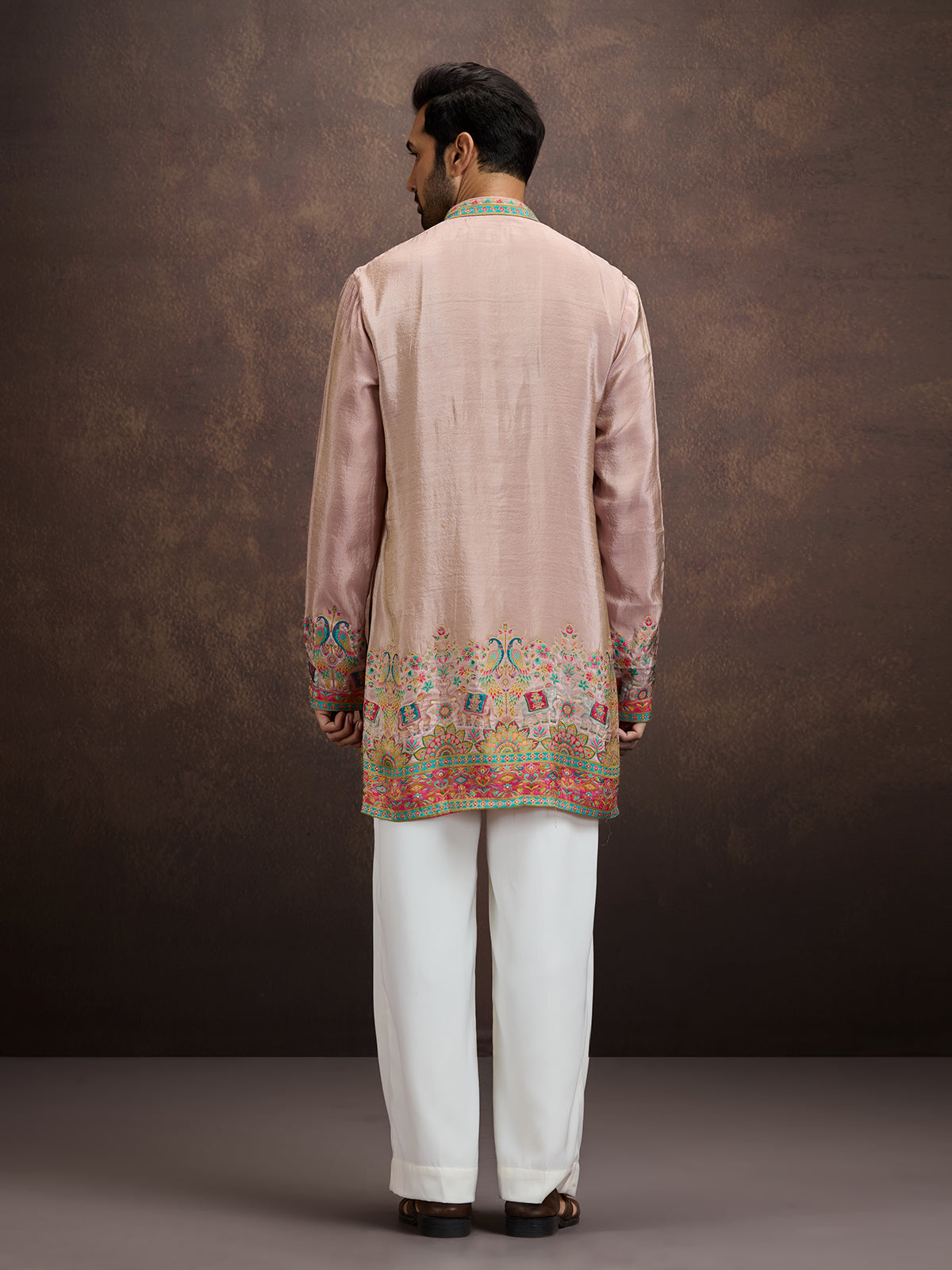 Blush pink pichwai embroidered silk kurta pajama for men