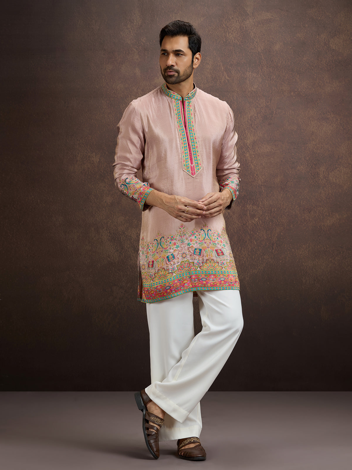 Blush pink pichwai embroidered silk kurta pajama for men