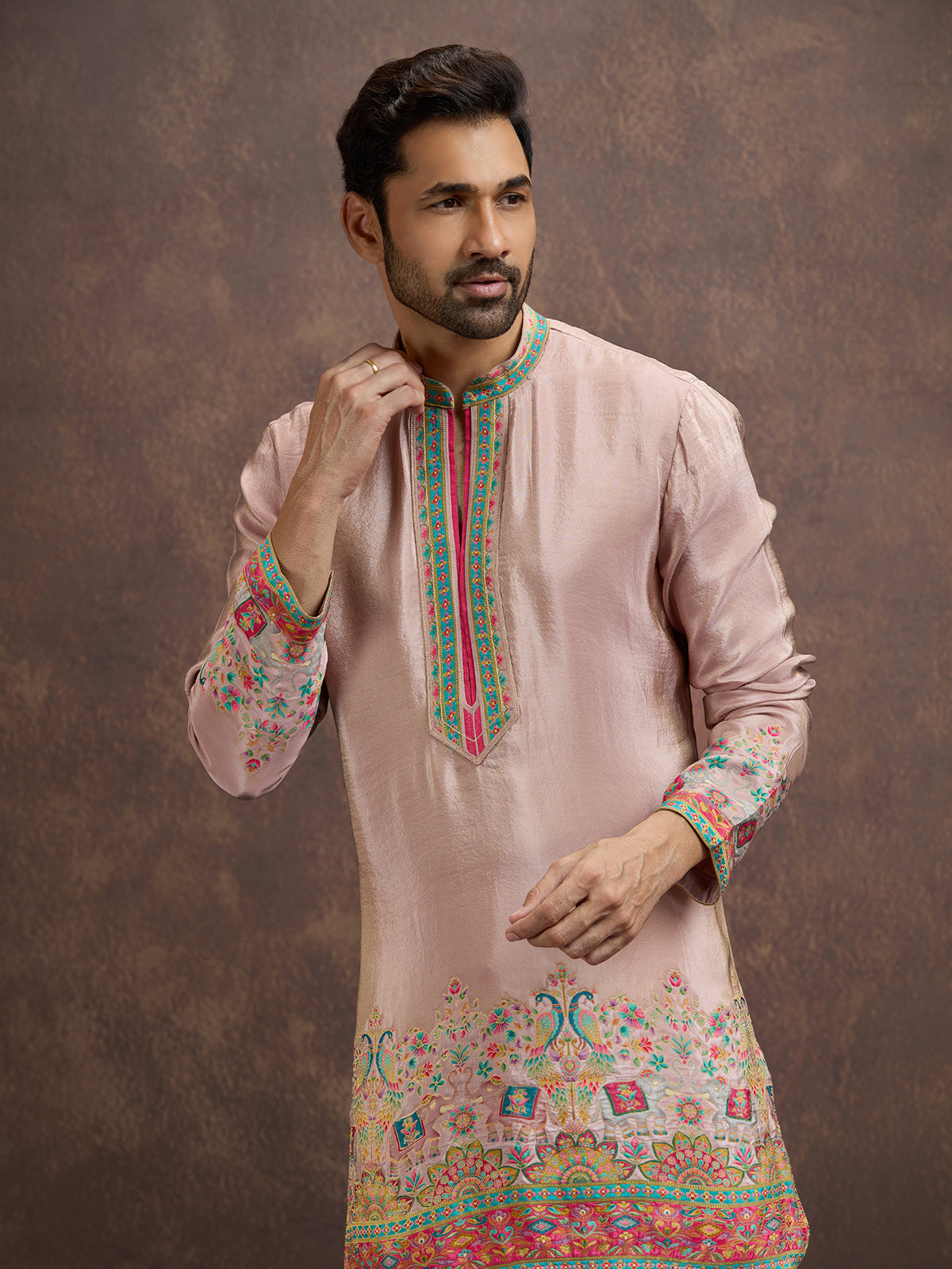 Blush pink pichwai embroidered silk kurta pajama for men