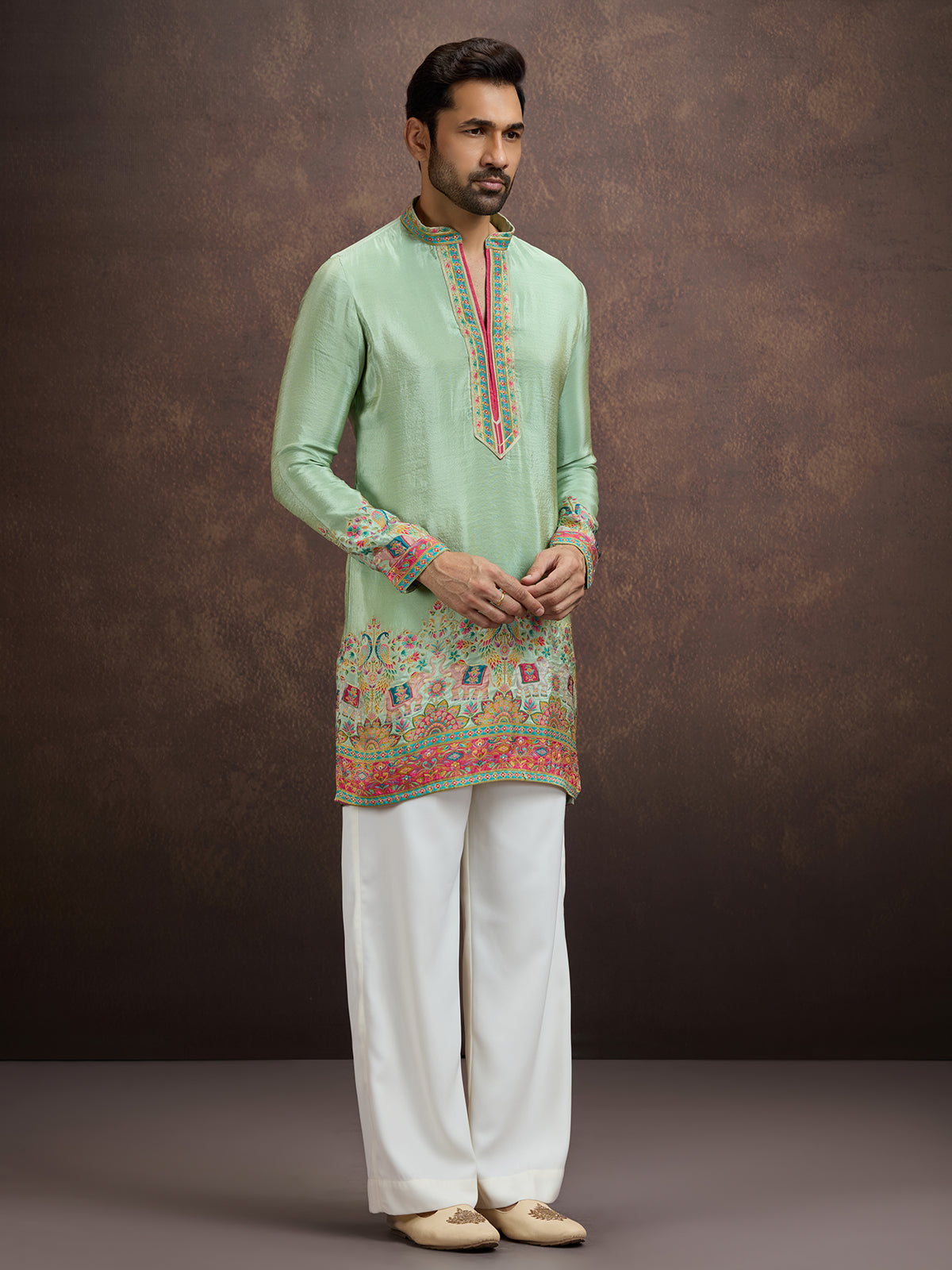 Pista green pichwai embroidered silk kurta pajama for men
