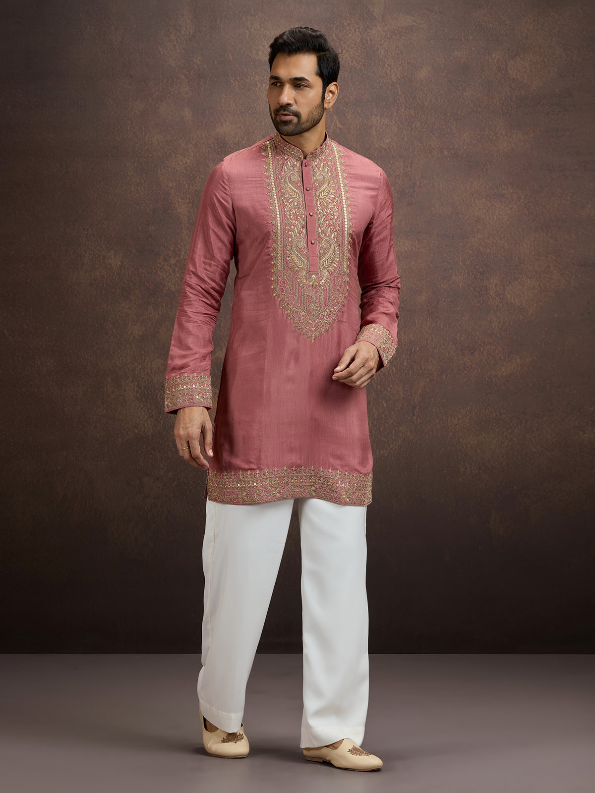 Pink zardosi paisley embroidered silk kurta pajama for men