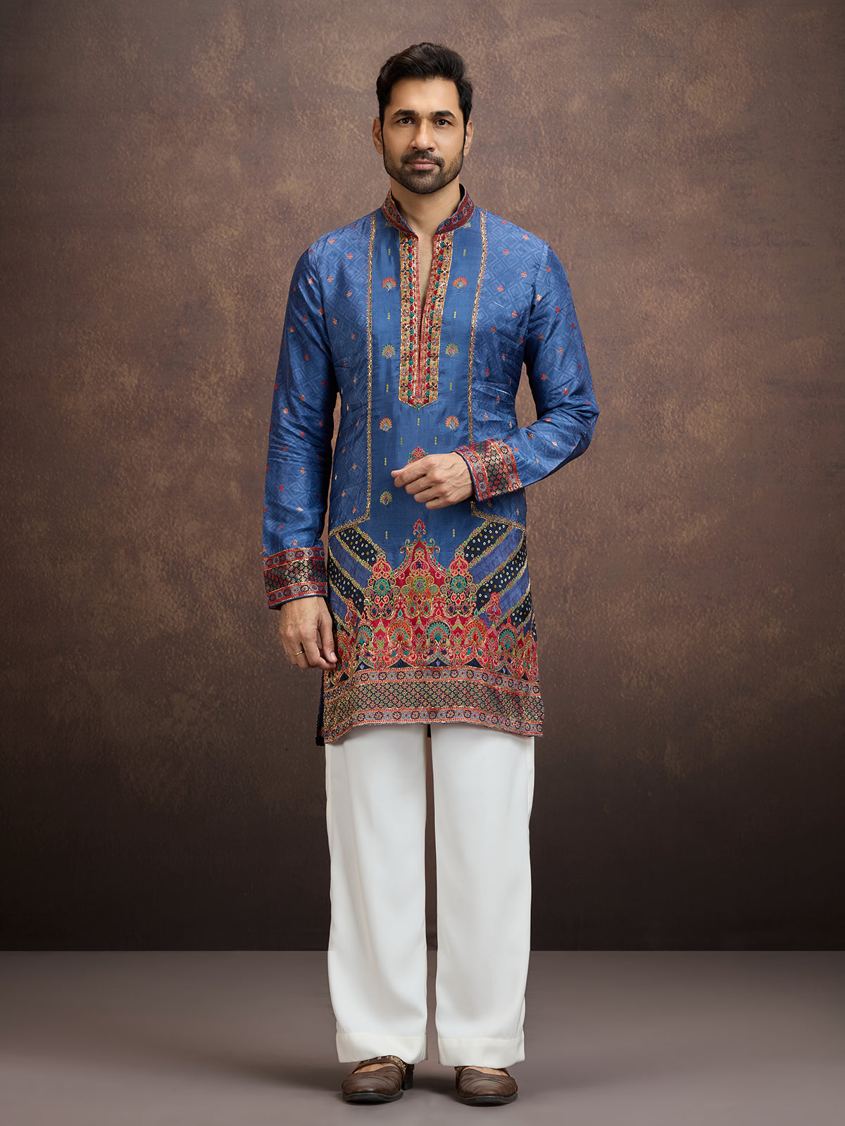 Blue gota embroidered silk kurta pajama for men