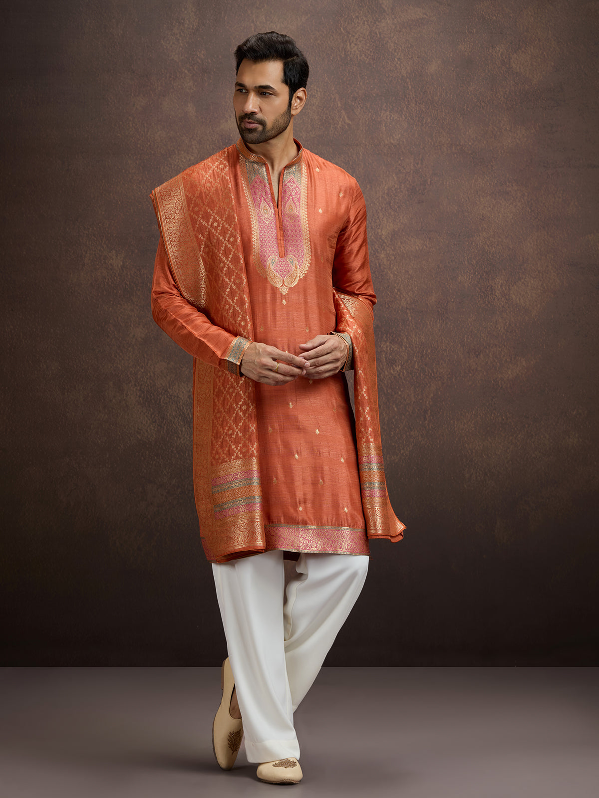 Rust orange paisley kurta pajama with dupatta